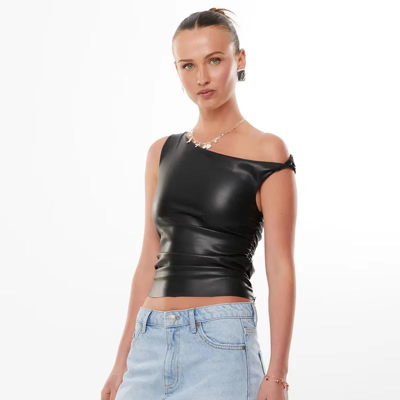 PU Leather One Shoulder Crop Top Skew Collar Outfits Women Y2K Streetwear Spring Summer Sleeveless Backless Skinny Tanks Camis