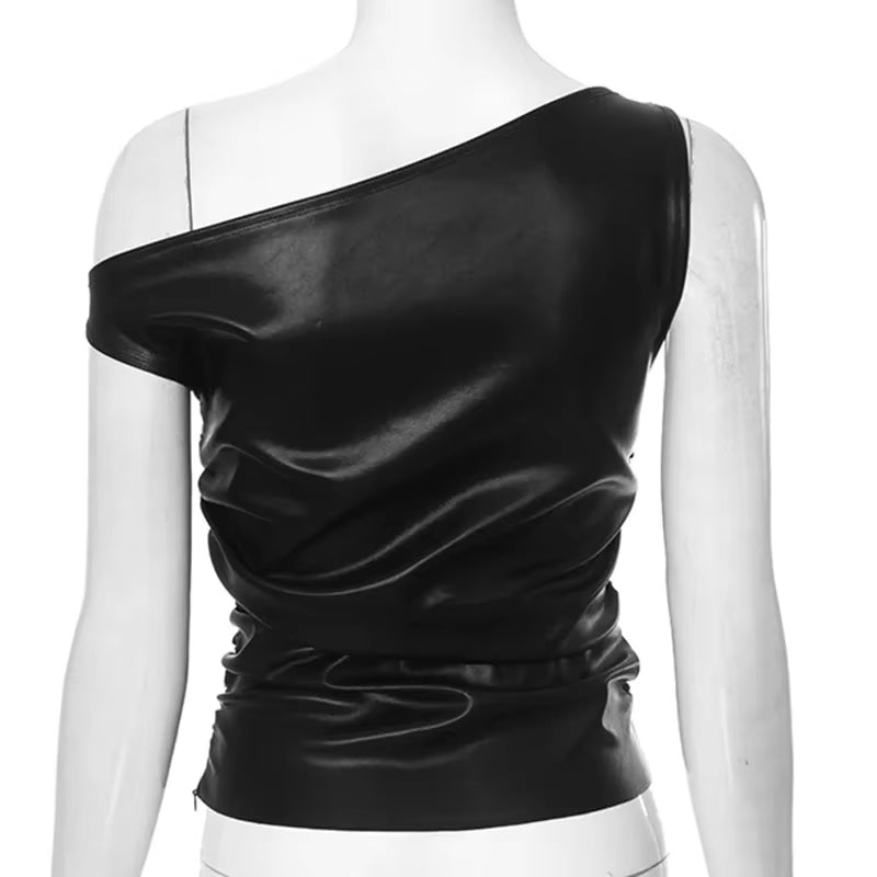 PU Leather One Shoulder Crop Top Skew Collar Outfits Women Y2K Streetwear Spring Summer Sleeveless Backless Skinny Tanks Camis